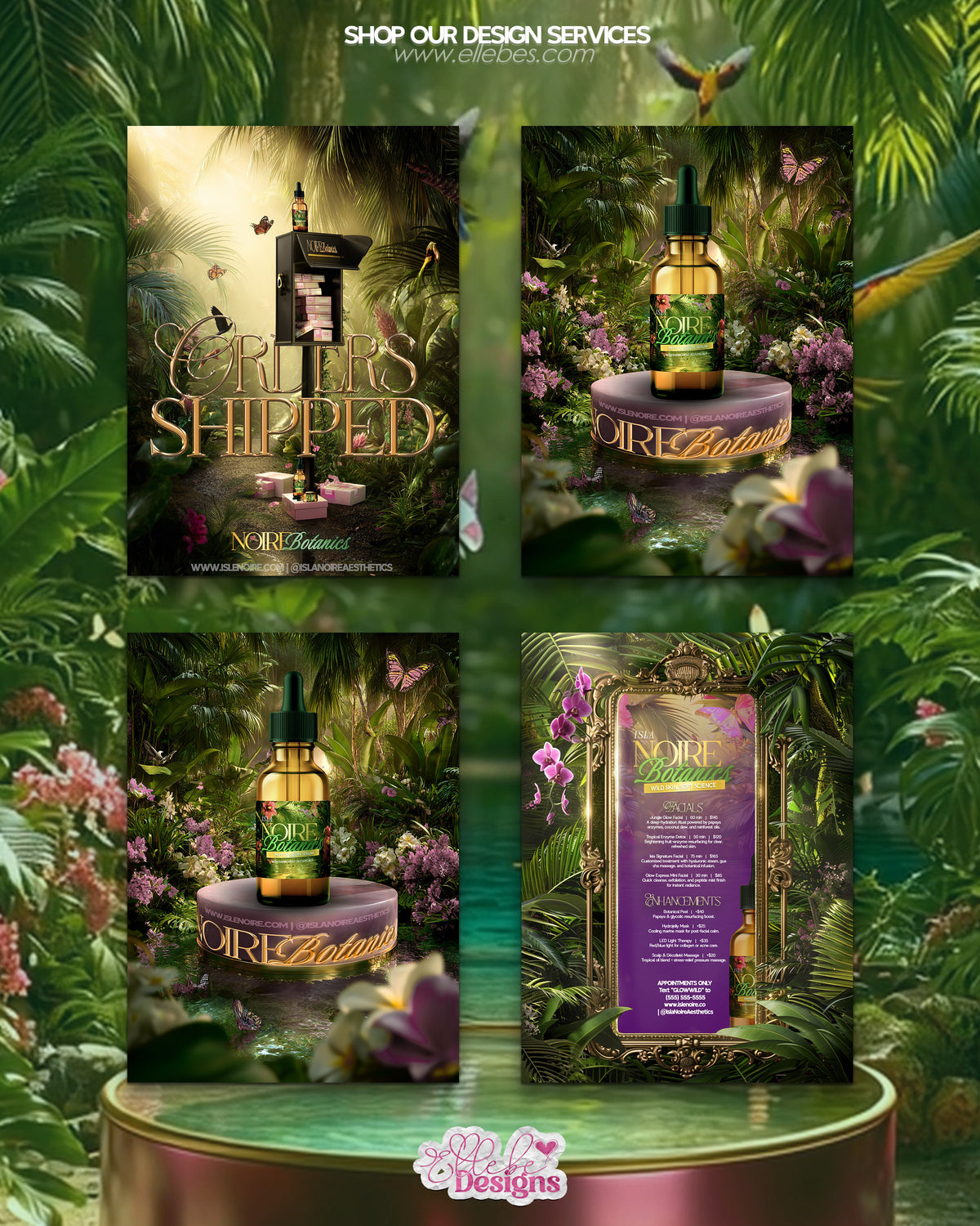 Noire Botanics – Luxury Jungle Flyer Pack for Hair & Beauty Brands | Custom Product Display Flyer Templates by Elle Bé Designs