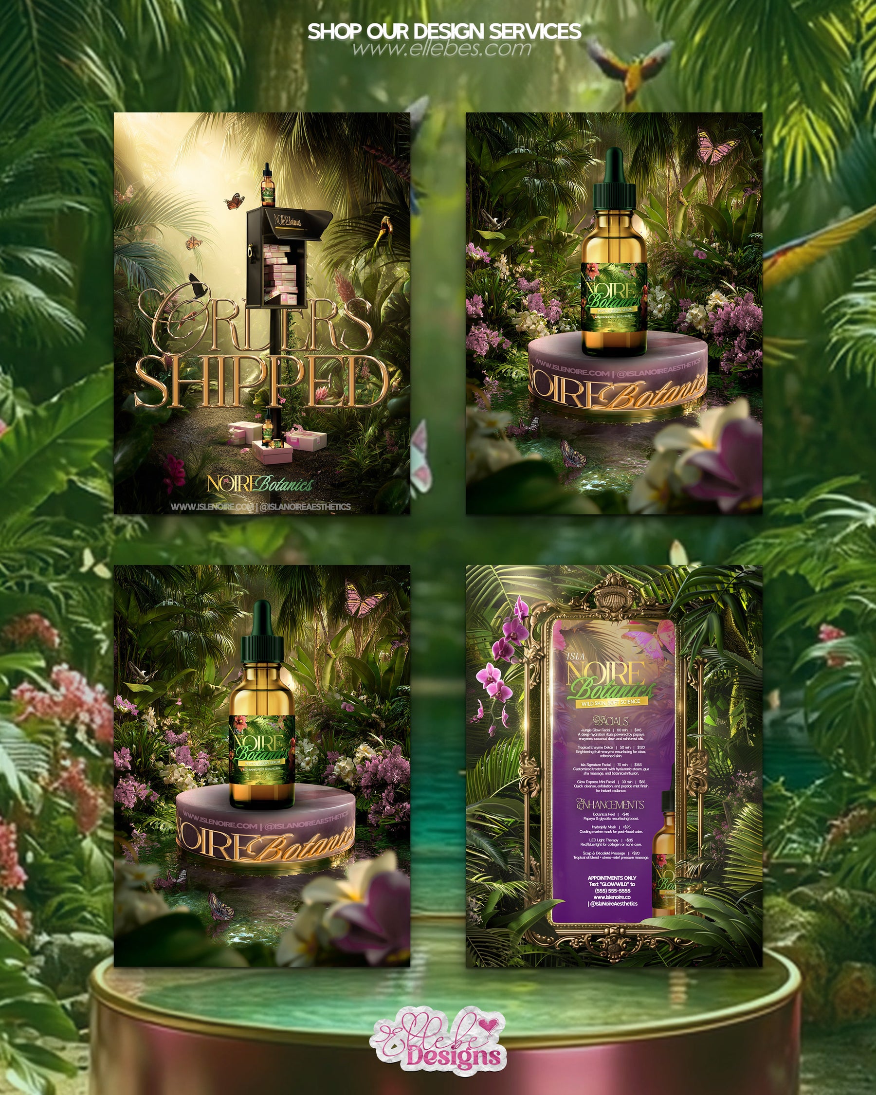 Noire Botanics – Luxury Jungle Flyer Pack for Hair & Beauty Brands | Custom Product Display Flyer Templates by Elle Bé Designs