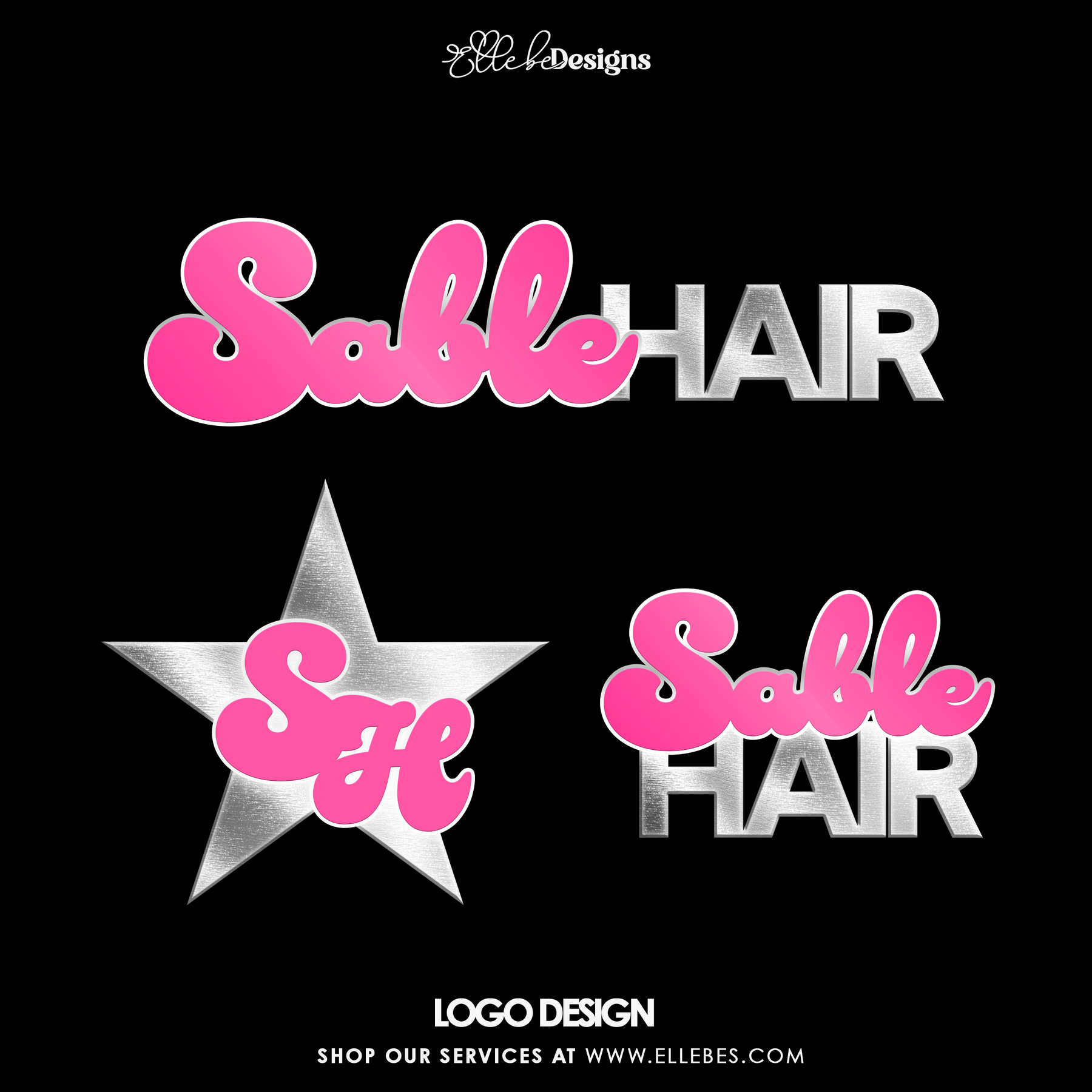 Premade Logo Package – “Sable Hair” Glam Pink & Chrome Logo Design by Elle Bé Designs